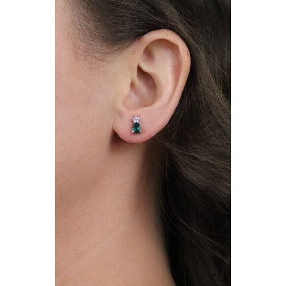 14k White Gold Lab Created Emerald & Diamond Earrings Stud Post Earrings 3/8" - Picture 4 of 9